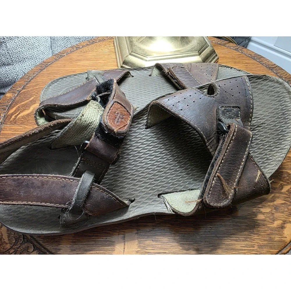 Vtg Frye Leather Fisherman Sandals Brown Adjustable Hook Loop Mens 10.5 Est